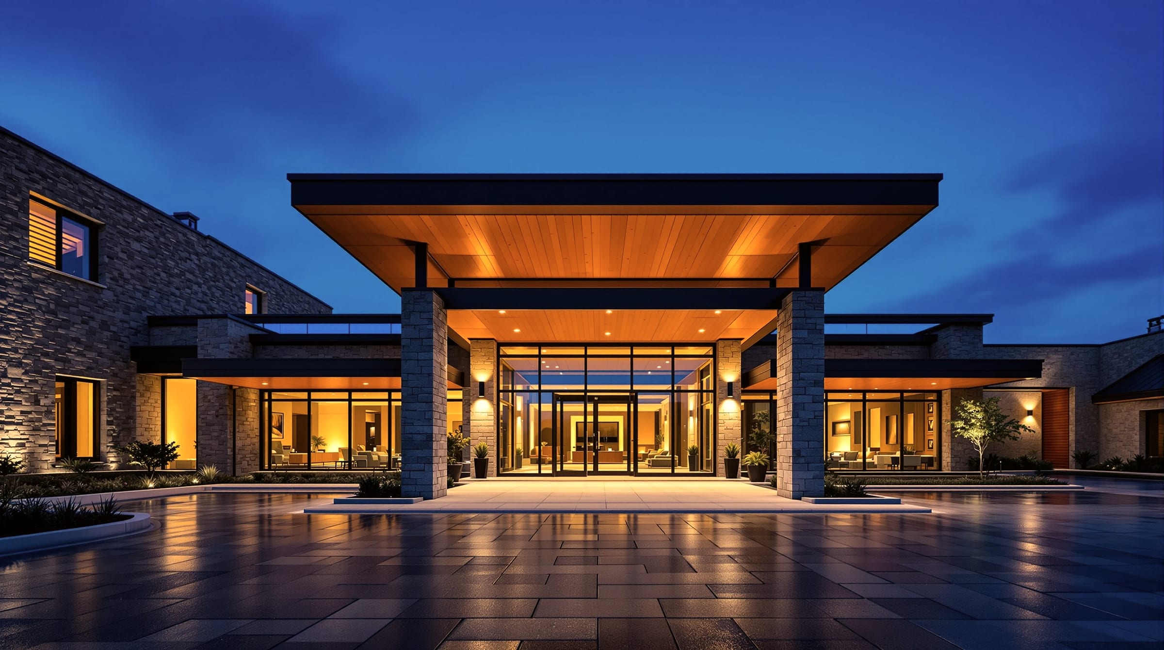 A hotel arrival court and entrance canopy at dusk, warm interior light behind glass, empty, in a warm muted grade
