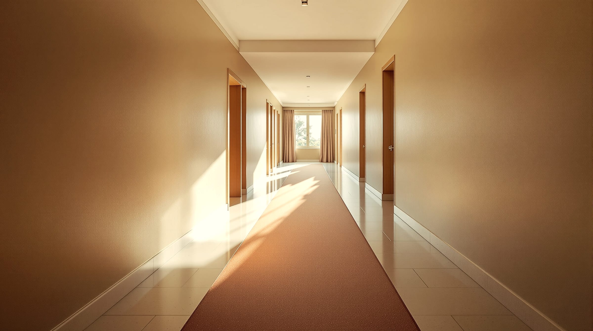 A quiet hotel corridor with strong architectural light, empty, in a warm muted grade