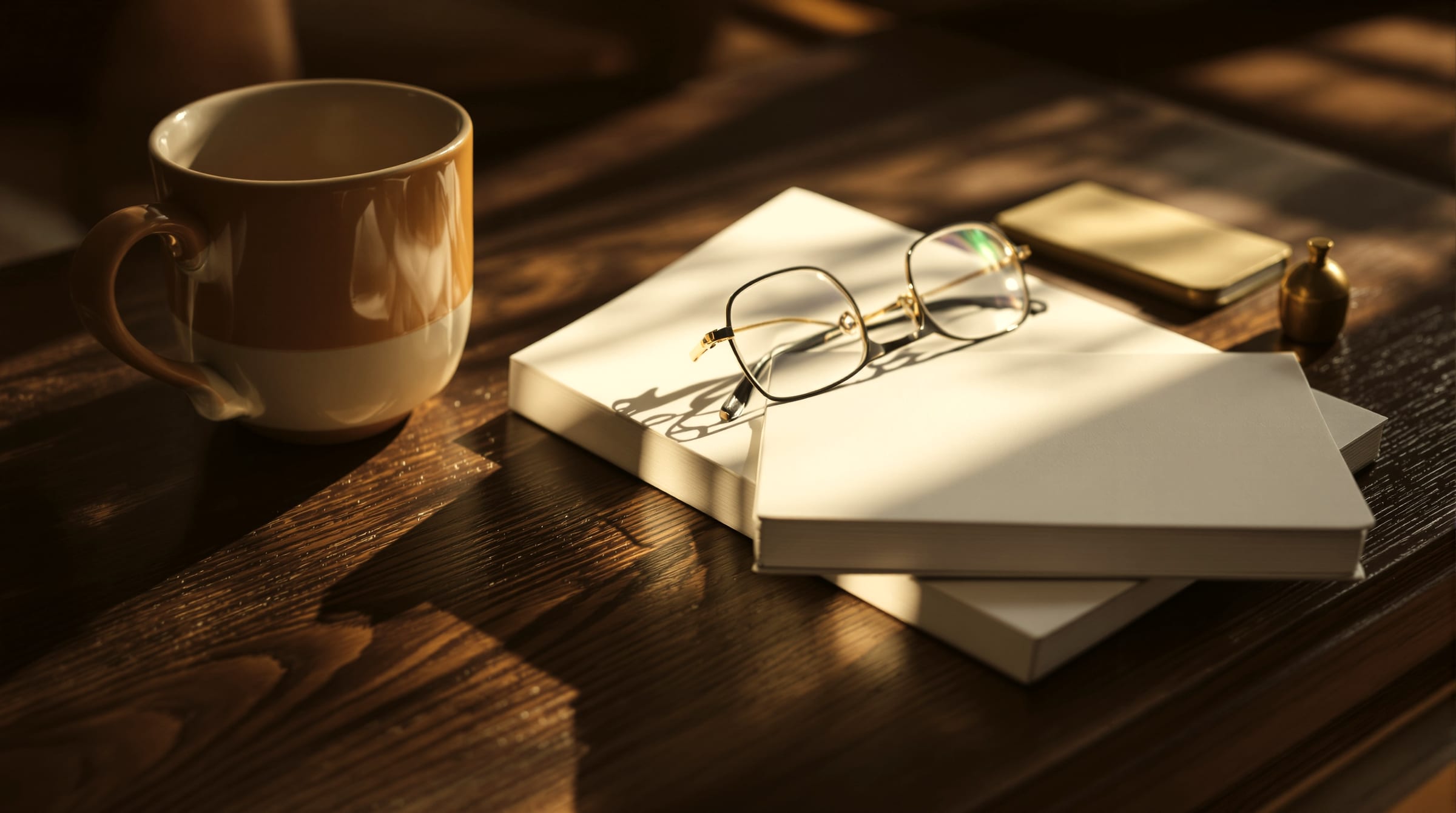 A considered still life on a dark timber desk in warm side light, no text and no people