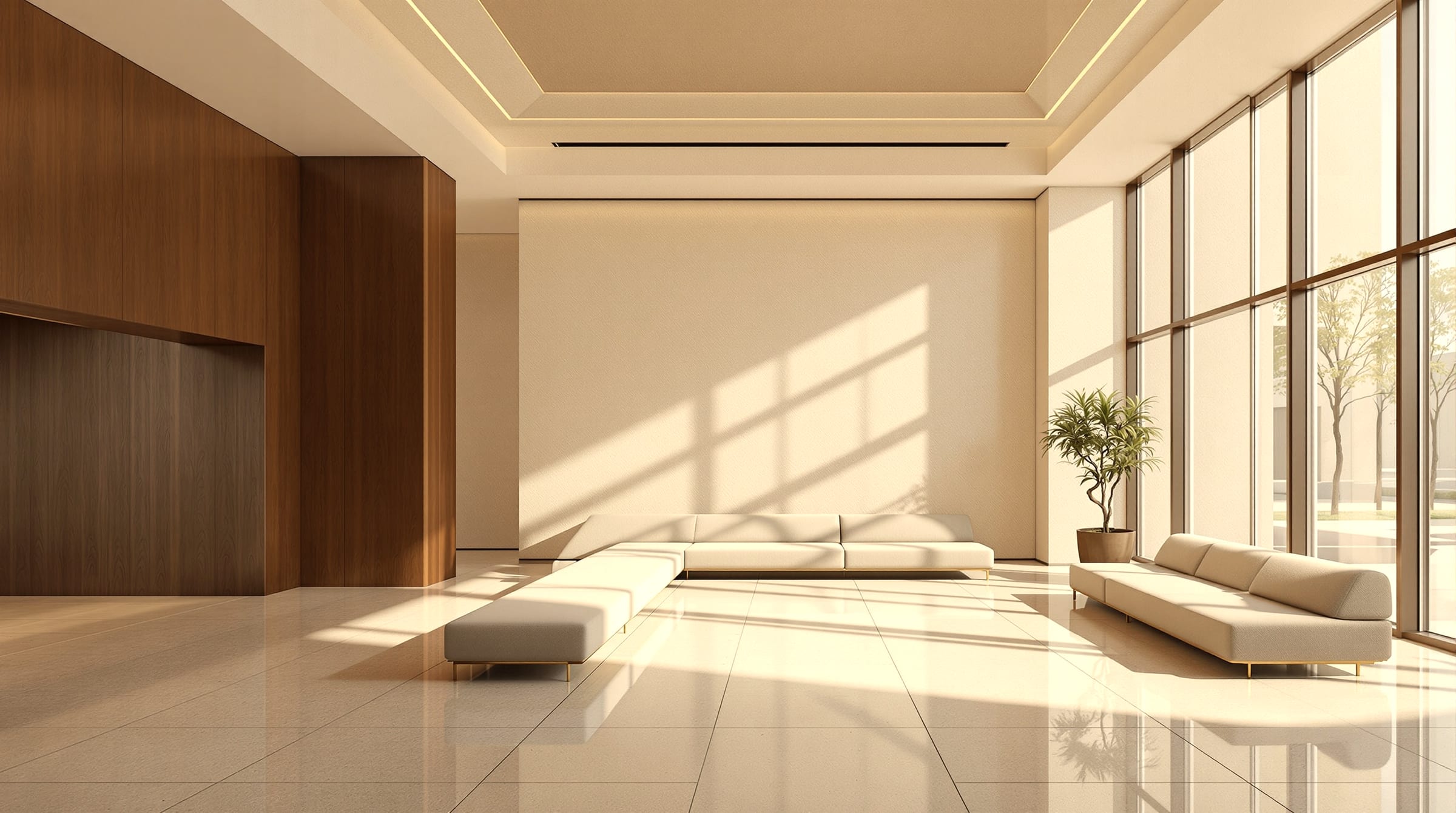 An empty refined hotel lobby in early morning light, wide architectural view, no people