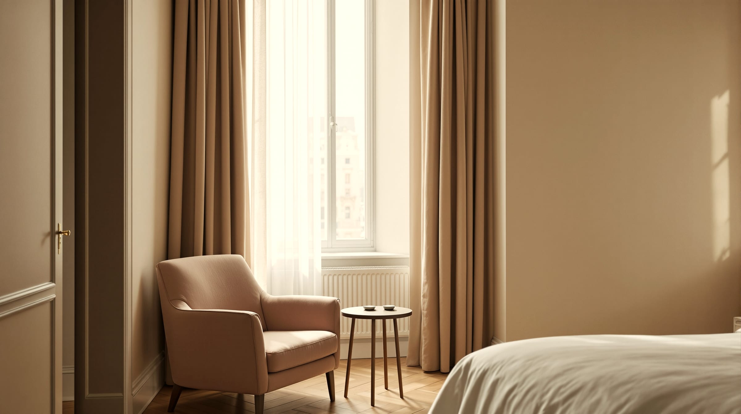 A hotel guest room interior looking toward a window with soft daylight, unoccupied