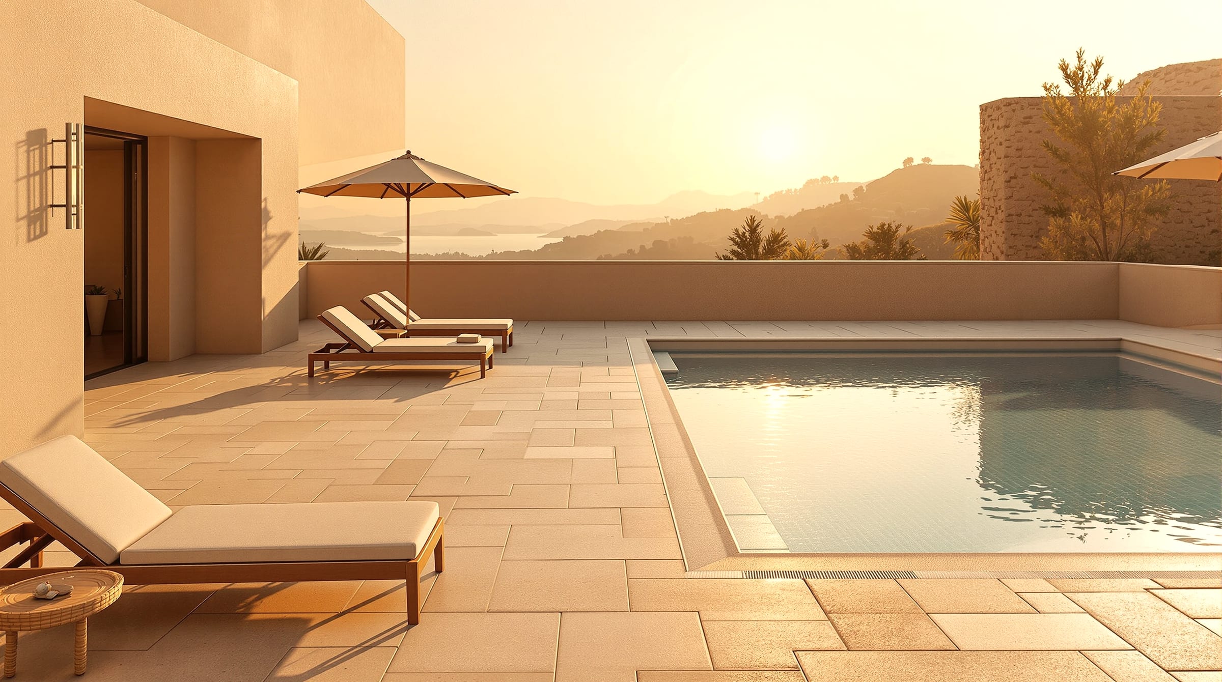 An empty hotel terrace and pool deck at golden hour, wide, no people